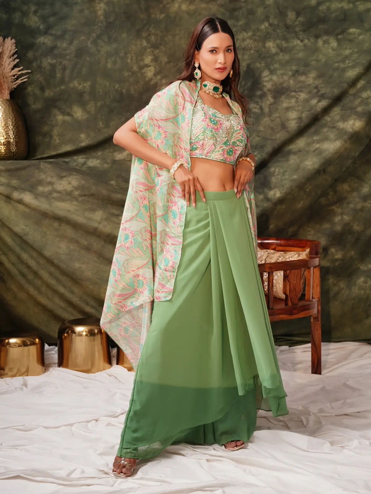 A Fusion of Modern and Traditional Styles Flowy Green Indo-Western Dress with Chic Floral AccentsIWJ0005