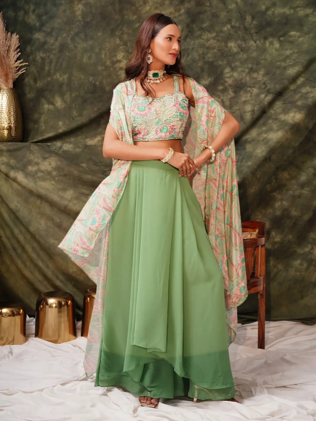 A Fusion of Modern and Traditional Styles Flowy Green Indo-Western Dress with Chic Floral AccentsIWJ0005