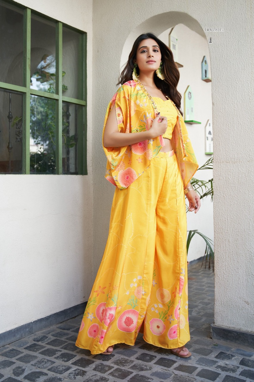 "Vibrant Sunshine: Yellow Indo-Western Fusion with Artistic Floral Patterns"IWJ0007