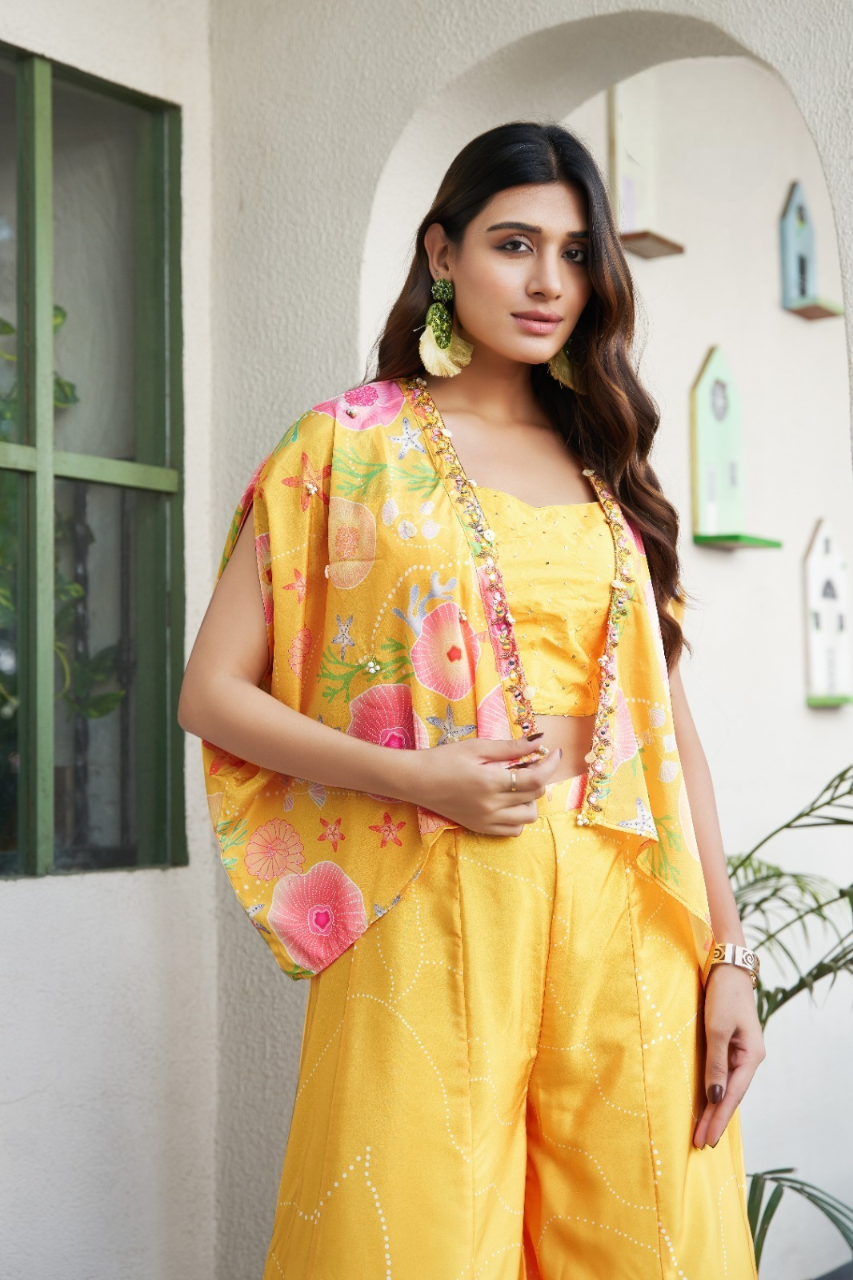 "Vibrant Sunshine: Yellow Indo-Western Fusion with Artistic Floral Patterns"IWJ0007