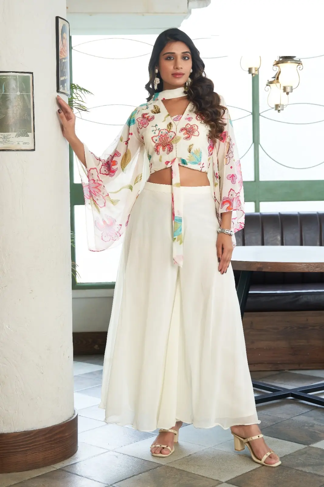 Elegant White Indo-Western Set with Floral Embroidery and Tie-Up DetailsIWJ0006