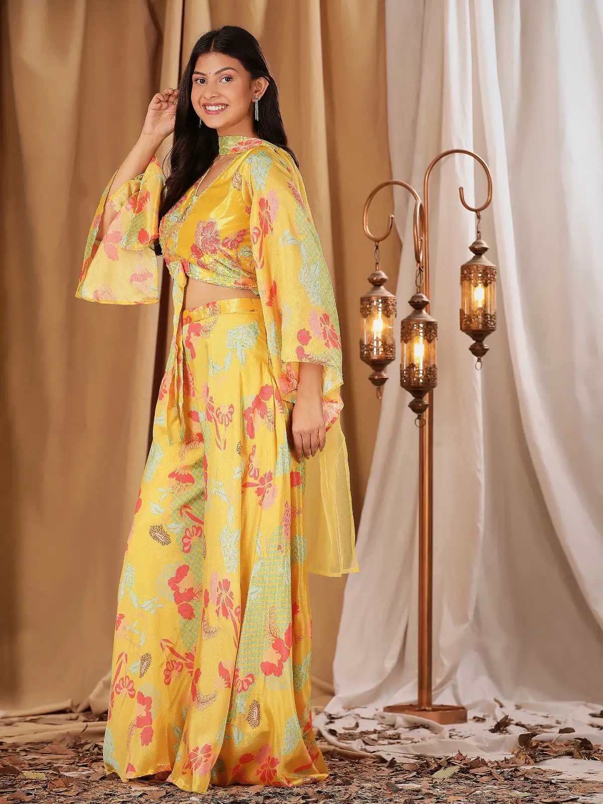 Heavy bell sleeve yellow Indo-Western dress IWJ0002