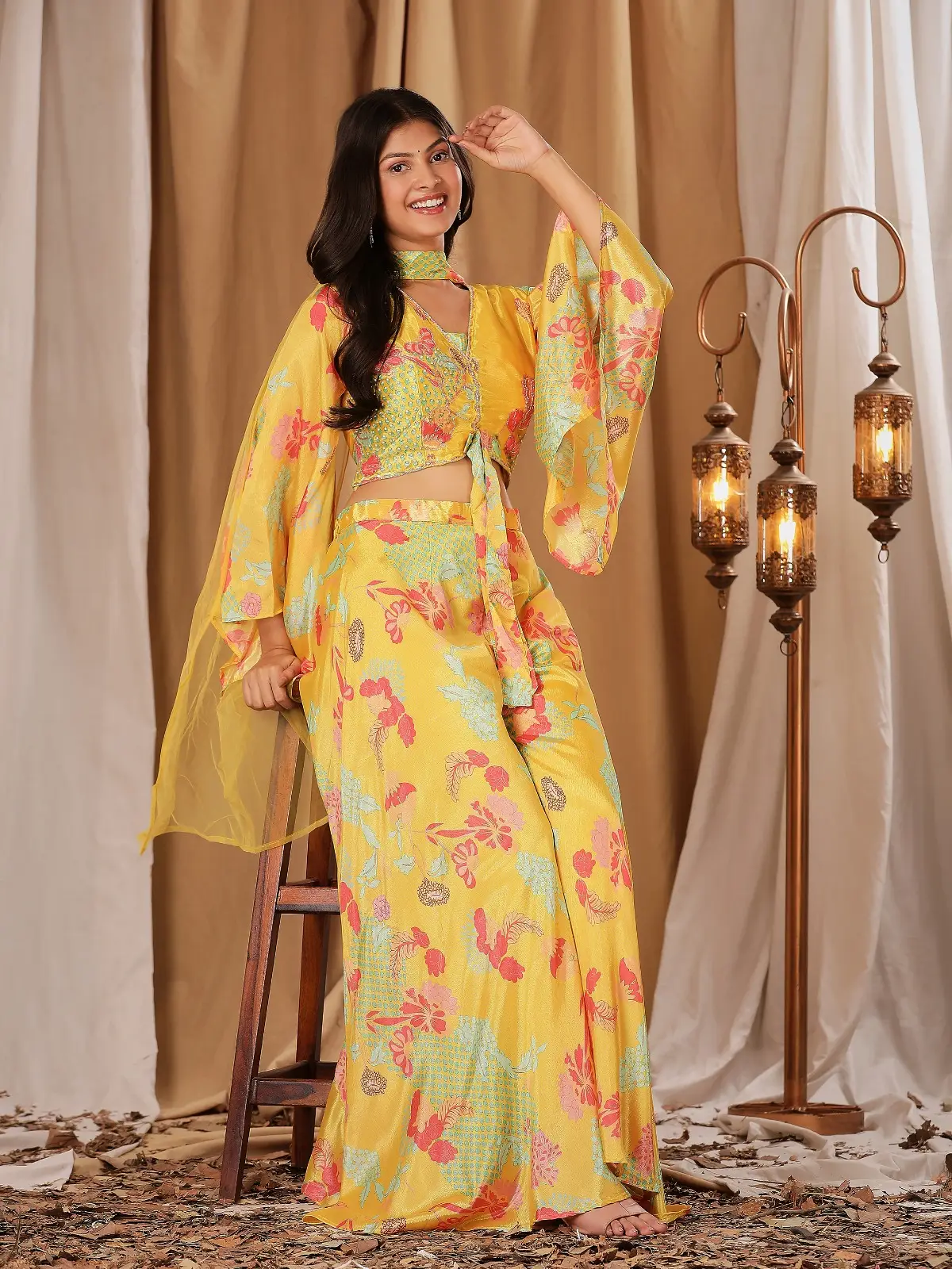 Heavy bell sleeve yellow Indo-Western dress IWJ0002