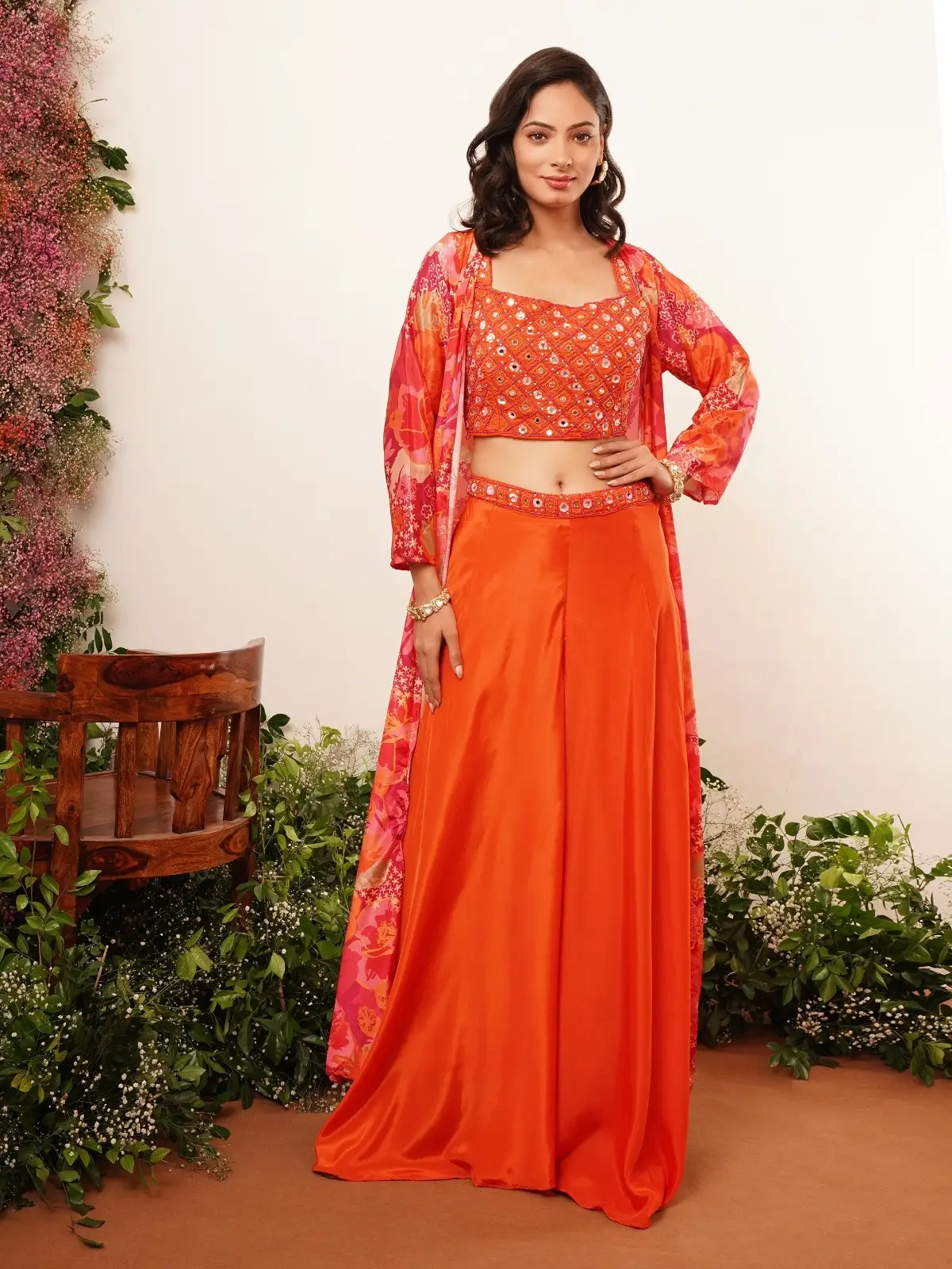 Beautiful Orange Crepe Mirror Work Wedding Wear Readymade Indo Western IWJ0004